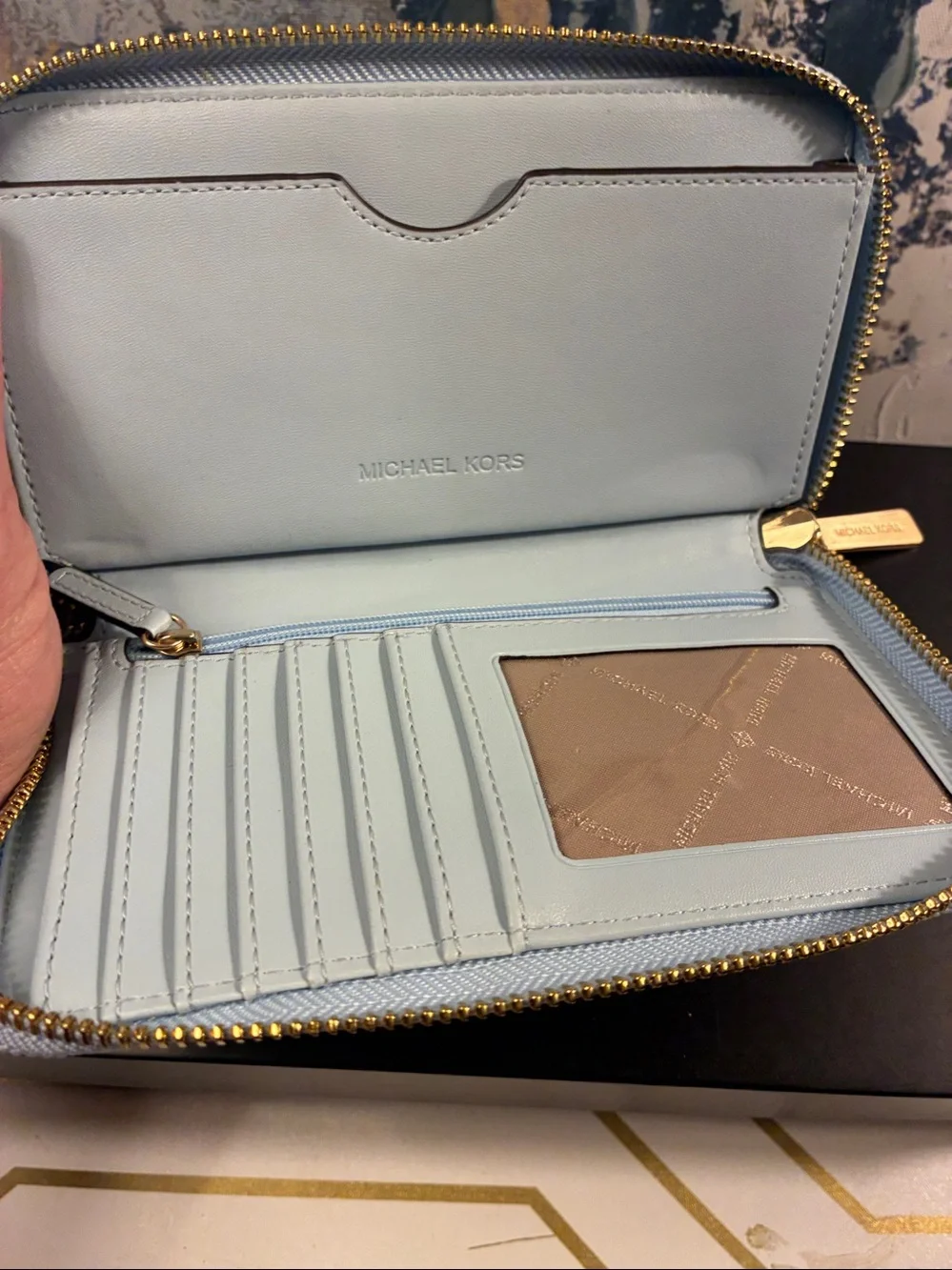 NWOT Michael Kors Powder Blue Signature Zip Wallet with Rose Gold Logo